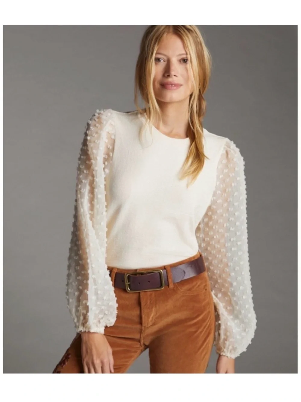 MAEVE x ANTHROPOLOGIE Ivory Textured Swiss Dot Puff-Sleeve Women's Top SMALL